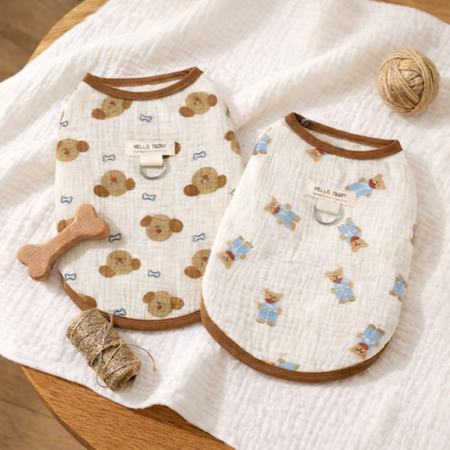 멍담 강아지 거즈 실내복 하네스 배색 티셔츠, 1개, 곰돌이패턴