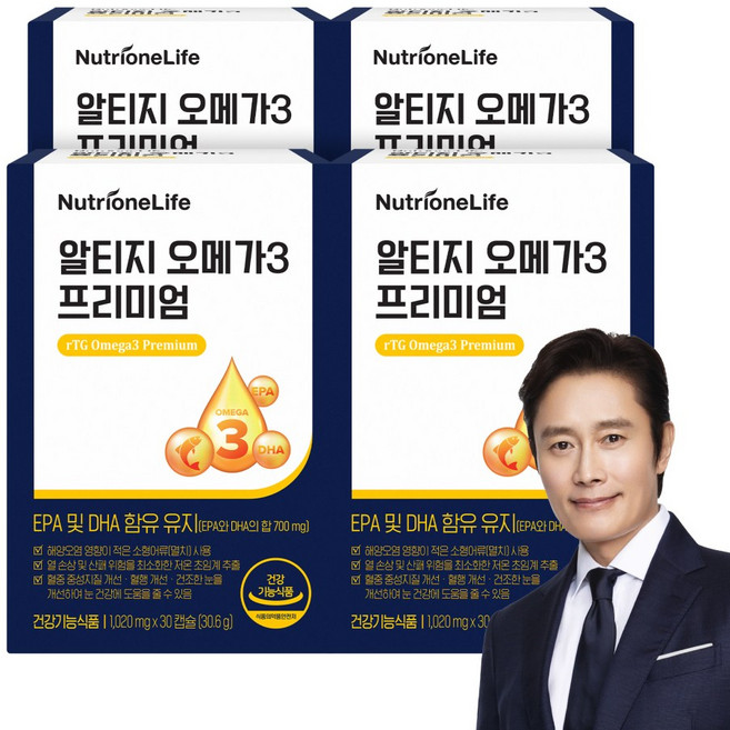 [본사출고] 뉴트리원 알티지 오메가3 프리미엄 혈행건강 rTG EPA DHA 쇼핑백 선물세트, 30정, 4개