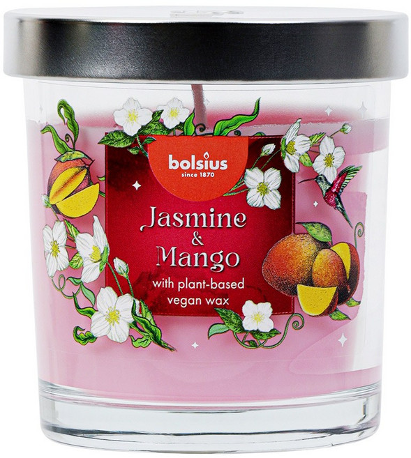 리드 글라스 캔들 향초 25시간 연소 식물성 비건 왁스 Bolsius, 2개, 125g, Jasmine & Mango