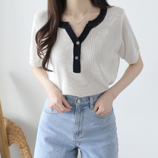JENIT 女款拼色亨利領短袖針織衫 n1860