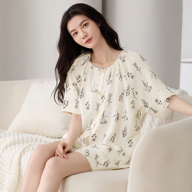 Ehuku 여성 반팔 잠옷 세트 예쁜 꽃무늬 노카라 파자마 홈웨어