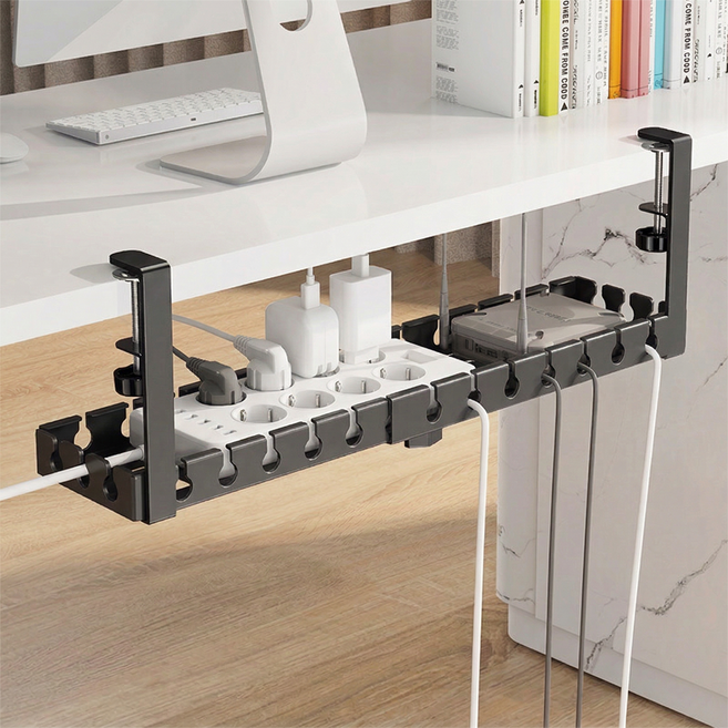 잔비오 무타공 철제 길이조절 멀티탭 거치대 정리함 책상 밑 콘센트 전선 정리 트레이, 블랙, 1개