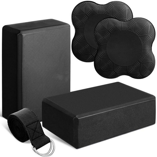 ROUND 라운드Funny 5피스 요가 블록 무릎 패드 스트랩 세트 부드러운 프리미엄 폼 액세서리 필라테스 명상 일반 피트니스 안정성 무릎을 꿇고 균형 스트레칭 및 토닝(, Black, 1개, 블랙