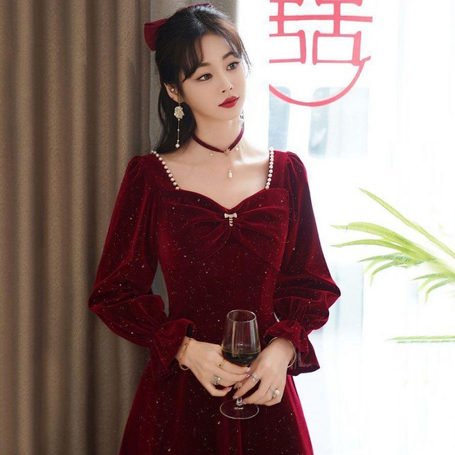 孕婦敬酒服新娘訂婚結婚回門禮服 中長款閃金大碼連衣裙 秋冬