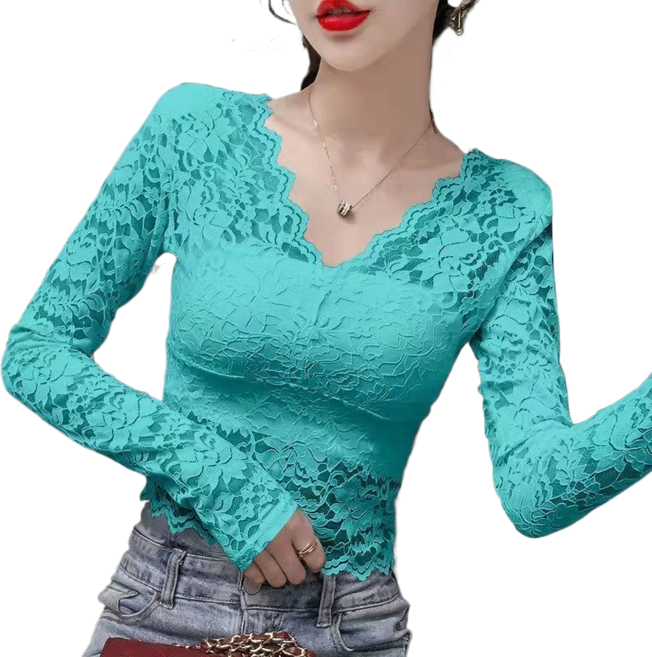 댄스복 상의 레이스 브이넥 슬림 숏 긴팔 티