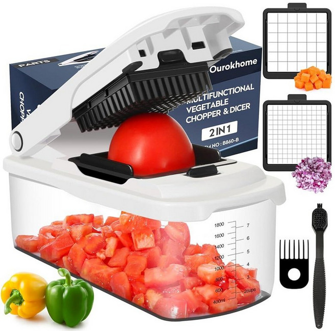 Ourokhome 다지기 야채 커터 용기 포함 수동 핸드 푸드 양파 다이서 감자 스트립 채소 큐버 당근 스틱 필수 주방 도구용 도마 블레이드 2개 포함 (2 in 1, 화이트