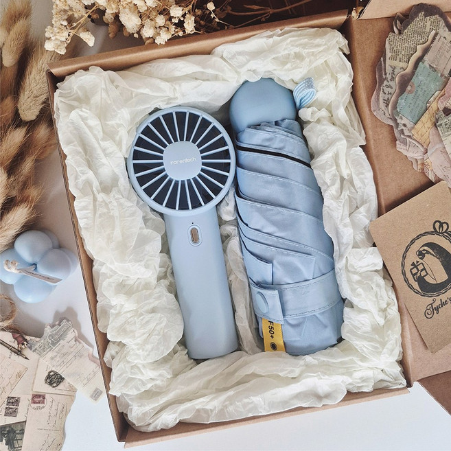 [블루세트] 손선풍기+미니양우산+감성선물포장세트 선물세트 티케즈샵, 1개, 블루세트