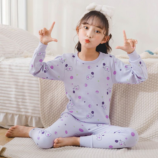 兒童純棉秋衣秋褲套裝, 1個, 粉紫小飛象【低領】 【女童】80碼適合身高130-140cm