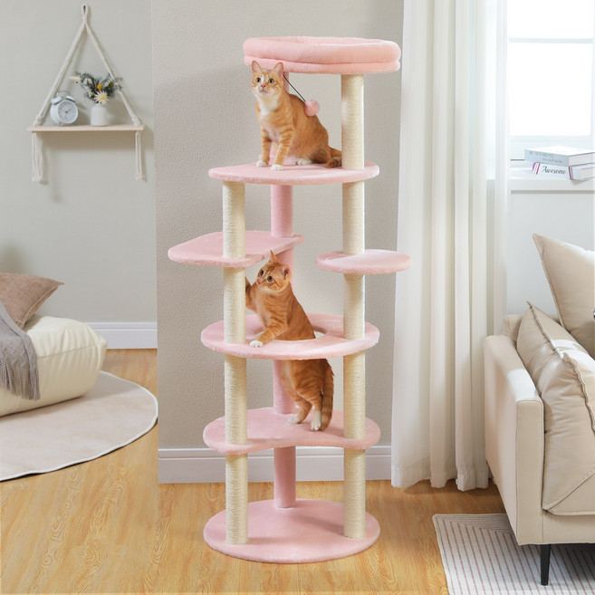 PAWZ Road 6단 모던 심플 플러시 패브릭 고양이 캣타워 스크래쳐 기둥 + 전망대 + 둥근 구멍 디자인, 핑크, 1개