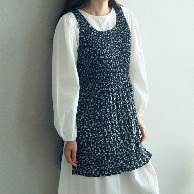 앞치마와가운 빅사이즈 시원한 여름 얇은 쉬폰 주름 플리츠 앞치마, CR01 검정흰꽃, FREE, 1개