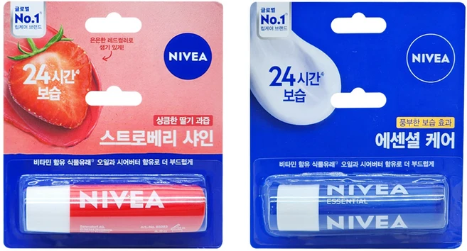 1+1 니베아 립케어 4.8g 모이스처 보습 립밤 수분 생기 입술보호제, 1개, 스트로베리샤인+에센셜케어 - 쿠팡