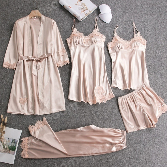 하늘하늘 여성 잠옷 5피스 세트 여름 잠옷 섹시 실크 슬립웨어 파자마세트 나이트가운