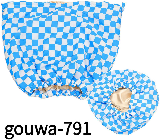 gouwa-791 삼중 방수 고급형 체크 터번 샤워캡, 파란색, 1개