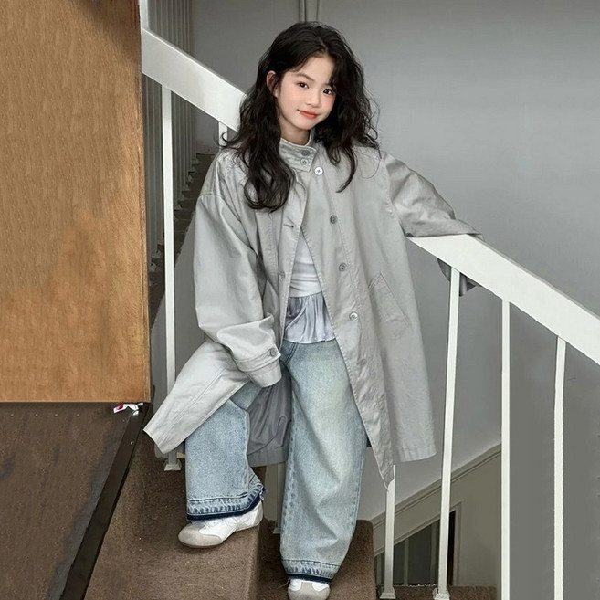 UPPERCUT 아동 트렌치코트 초등학생 바바리코트 간절기코트 롱코트 코튼자켓 하이넥코트 남녀공용