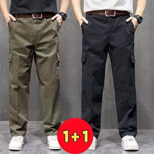 AOKADA 1+1 남성 일자 카고 팬츠 포켓 면바지 작업복 바지