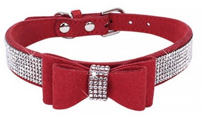 pu_리본 큐빅 벨티드 강아지 목줄, 레드