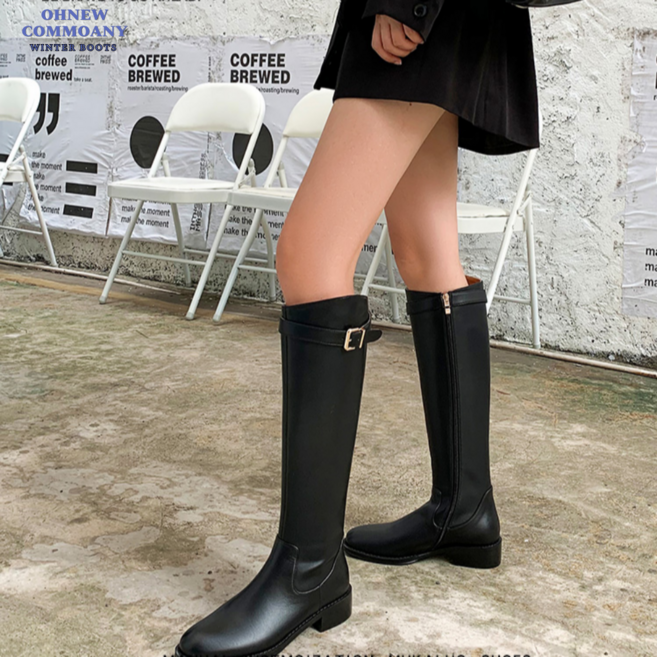 더블파이브 여성용 통넓은 승마 가죽 기모 롱부츠