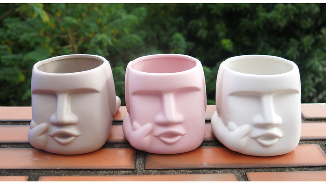 花樣渼栽盆栽生活館 摩艾花盆 (台灣製造) (可放置苔球)(水耕)(種植)(插花), 1個, 摩艾比愛心圓屁屁-亞麻色, 亞麻色