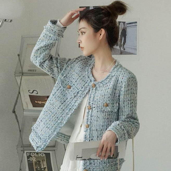 besteffie 여성용 봄가을 소프트 트위드 자켓 고급스러운 디자인 금색 단추 심플하고 고급 스타일 빅사이즈 아우터 Q58