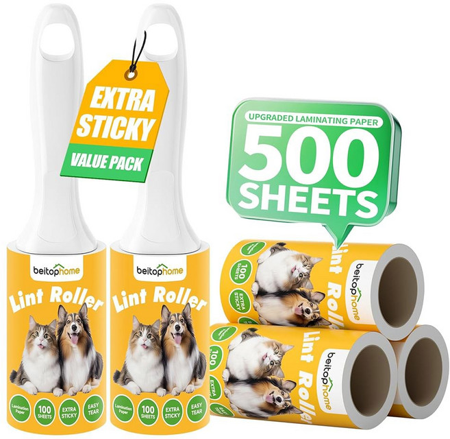 린트 롤러 스티키 반려동물 800장 카펫 고양이 손잡이 엑스트라 밸류 4개 가구용 털용, 500 Sheets + 2 Handles