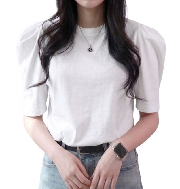 메리앤유 큐티 퍼프 소매 반팔 티셔츠 코튼 기본티 블라우스