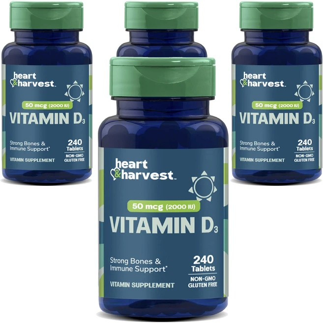 Heart & Harvest 50mcg 2000IU 비타민 D3 타블렛, 4개, 240정 - 쿠팡