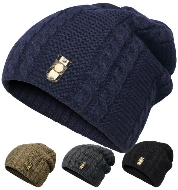 비니롱 두줄 꽈배기 털모자 방한 니트모자, 네이비