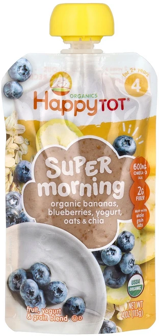 Happy Family Organics Tot® 슈퍼 모닝 2년 이상용 유기농 바나나 블루베리 요거트 귀리 및 치아 113g(4oz) Organics (해피 패밀 - 쿠팡
