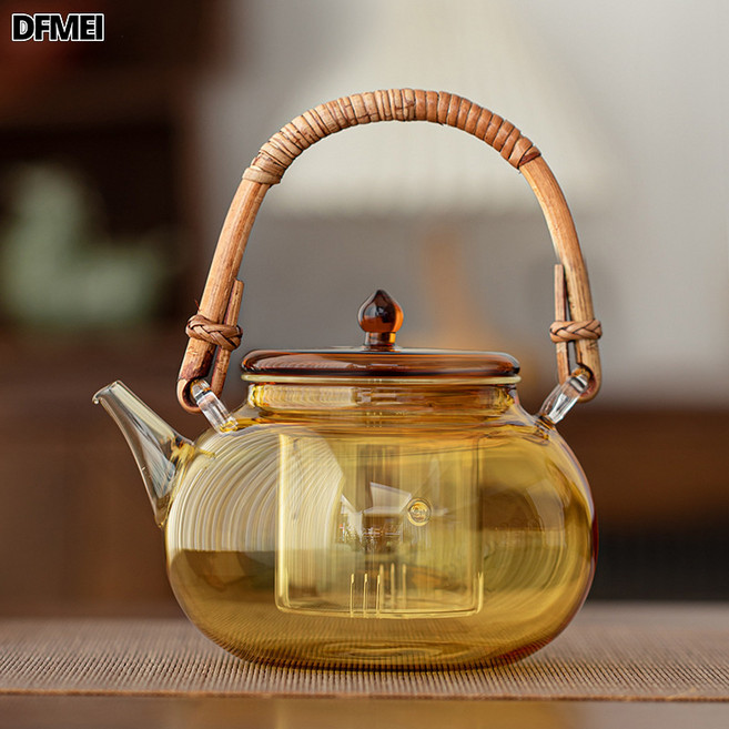 DFMEI 玻璃燒水壺煮茶壺電陶爐大容量耐高溫泡茶家用茶爐套裝, A-71 竹藤茶壺 (黃色), 如圖, 1個