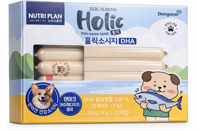 굿픽샵 코스트코 동원 뉴트리플랜 홀릭 강아지 소시지 반려견 영양간식 대용량 고급사탕 증정, 30g, 42개, 생선맛