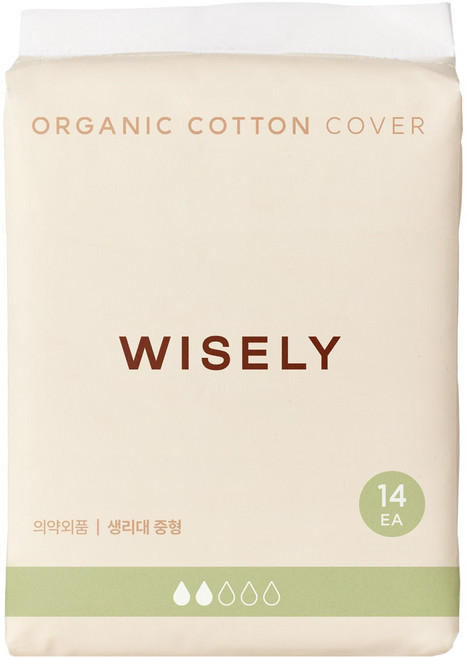 와이즐리 날개까지 OCS 인증 유기농 순면커버 생리대, 1개, 14개입, 중형
