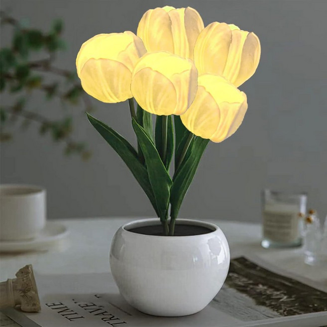 GOUTOOL 꽃 테이블 램프 튤립 책상 LED 조명 가정 거실 장식 인공 꽃병 중앙 생일 파티 웨딩 룸 흰색