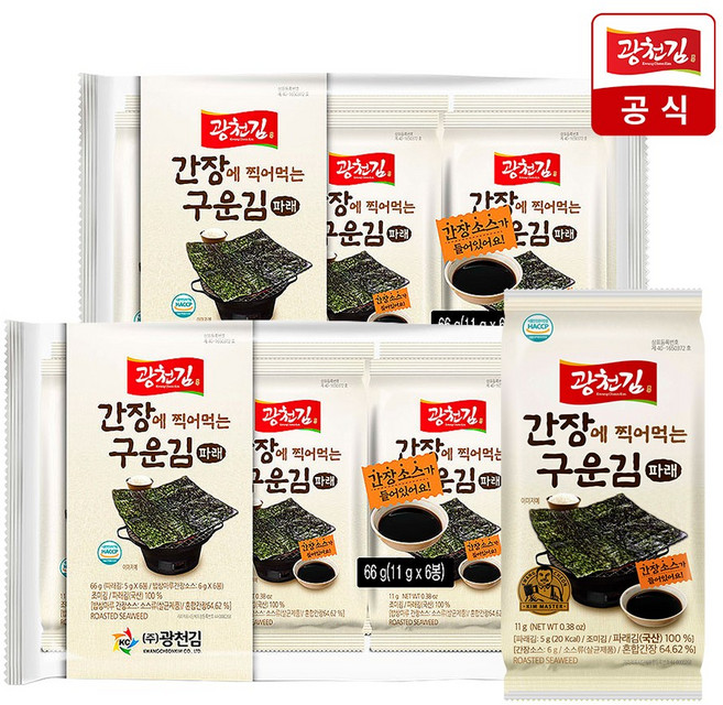광천김 간장에 찍어먹는 구운 파래김 식탁김 11g 12봉 무조미김/ 간장소스포함, 광천김 간장에 찍어먹는 구운 파래김 식탁김 11g 12