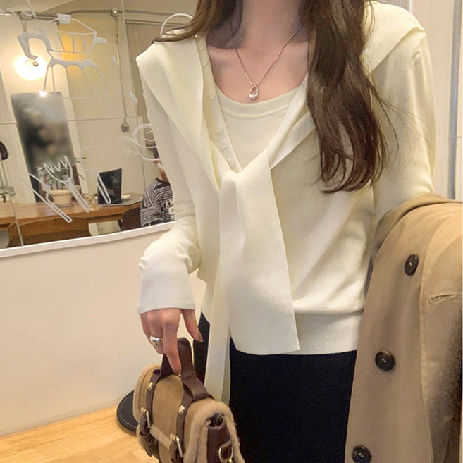 어깨 숄 머플러 페이크 레이어드 니트 긴팔 여성 브이넥 울 가디건