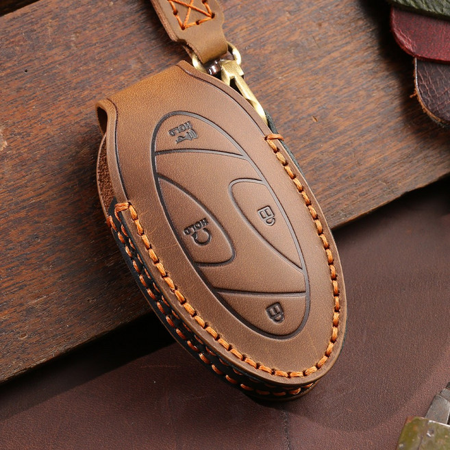 벤오토 현대 디올뉴 팰리세이드 LX3 싼타페 MX5 그랜저 GN7 아이오닉6 디 올뉴 코나 SX2 호환 스마트키 가죽케이스 현대5버튼 키링 키홀더 (S2-HK5), 브라운+스트랩각인(배송매세지에남겨주세요)