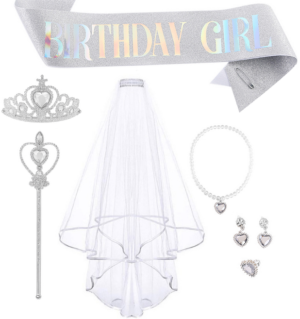 [청춘교복] 공주 생일 파티 용품 5종세트+베일+어깨띠 브라이덜샤워 셀프웨딩 축하 연말 선물 소품 프린세스 코스튬 주얼리 왕관 요술봉 면사포 목걸이 액세사리, 1개, 화이트-벌스데이걸
