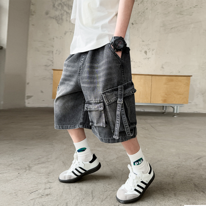 리틀밤 주니어 남아 여아 데일리 초등 여름 버뮤다 와이드 카고 반바지 데님 팬츠