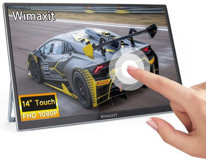 WIMAXIT 휴대용 14인치 터치스크린 모니터 듀얼 풀 피처 타입 C와 노트북 PC PS4 Xbox용 접이식 킥스탠드가 있는 미니 HDMI 포트드라이버 프리