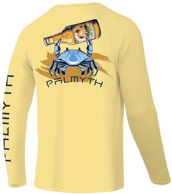 Palmyth 남성용 낚시 셔츠 긴소매 UPF 50+ 티셔츠 자외선 차단 티 그레이 / 스트라이프 베이스 XXL, Medium, Yellow / Crab