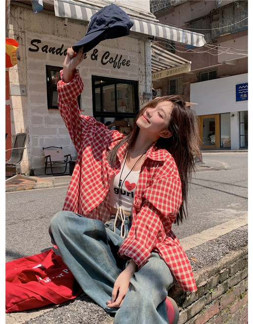 太妮絲 M265 紅色格紋長袖襯衫 復古休閒女裝