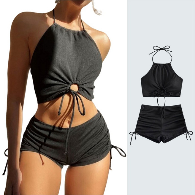 MOTRIA 여성 수영복 홀터넥 비키니 수영복 SZ-D-03, 블랙