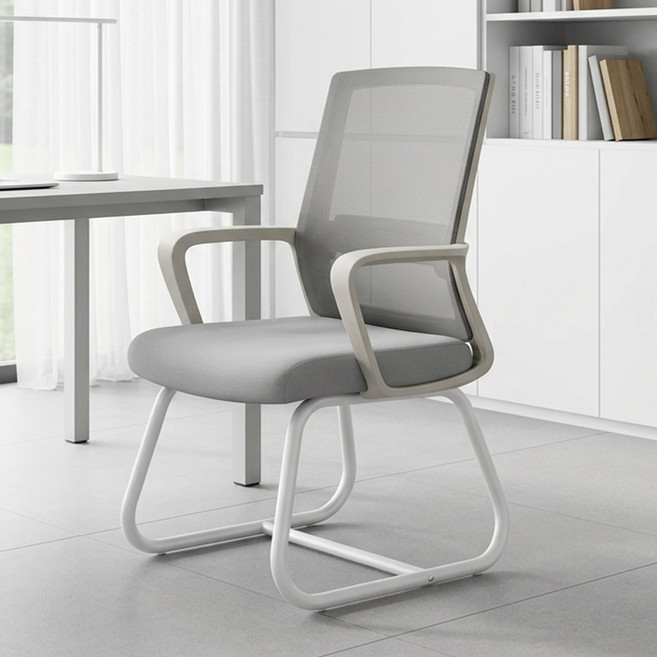 FONOW 바퀴 없는 사무용 사무실 회의실 메쉬 의자 학생 허리편한 인체공학 독서실 체어, 1개, 그레이+화이트