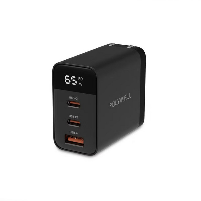POLYWELL 65W 三孔 PD 數顯快充頭 氮化鎵 充電器, 黑色, 1個