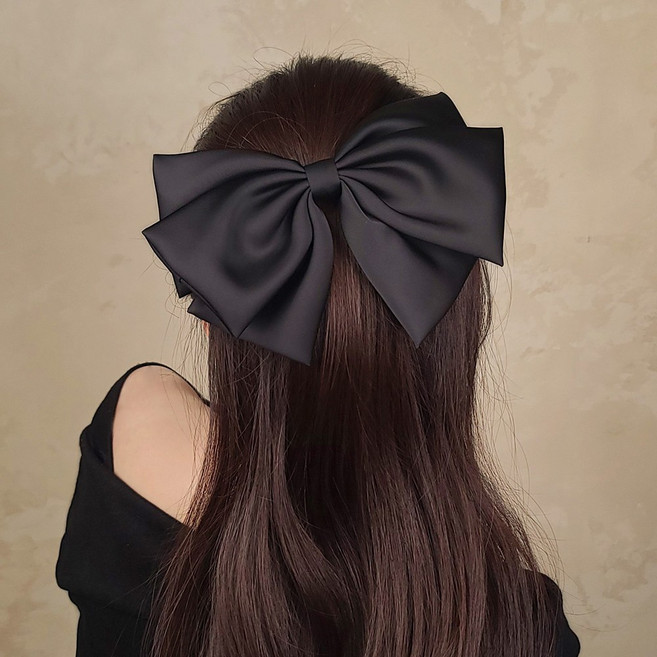 초콜리트쥬얼리 헤이츠 블랙 새틴 공단 3단 18cm 왕리본 데일리 반머리 자동 헤어핀
