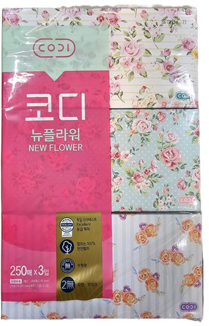 코디 뉴플라워 각티슈 미용티슈 250매 3입 1개, 일반, 1