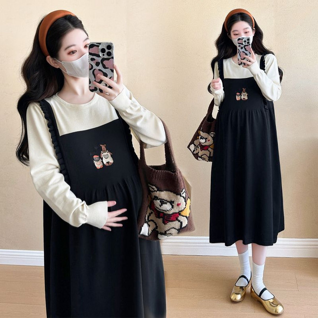 임산부 긴팔 원피스 봄 가을 임부복 캐주얼 캐릭터 니트 원피스 패션 빅사이즈 스커트 SJS