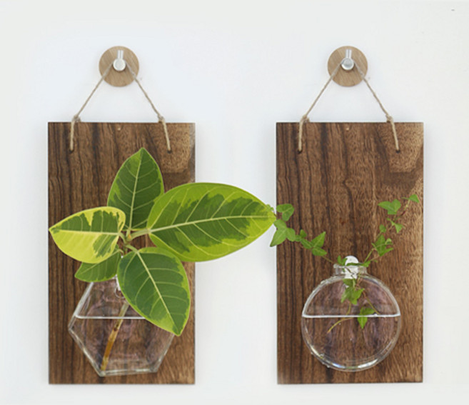 원목 벽걸이 수경재배 유리 화병 원형 육각 2종세트