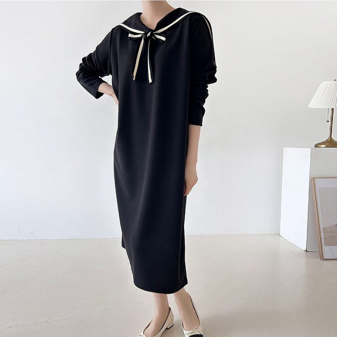 빅걸스토리 빅사이즈 배색 두줄 세라넥 리본 겉기모 원피스