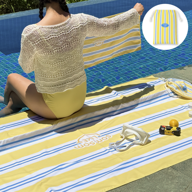 솜솜라이크 초극세사 비치 타올 특대형 + 미니 세트, 스트라이프 옐로우, 1개