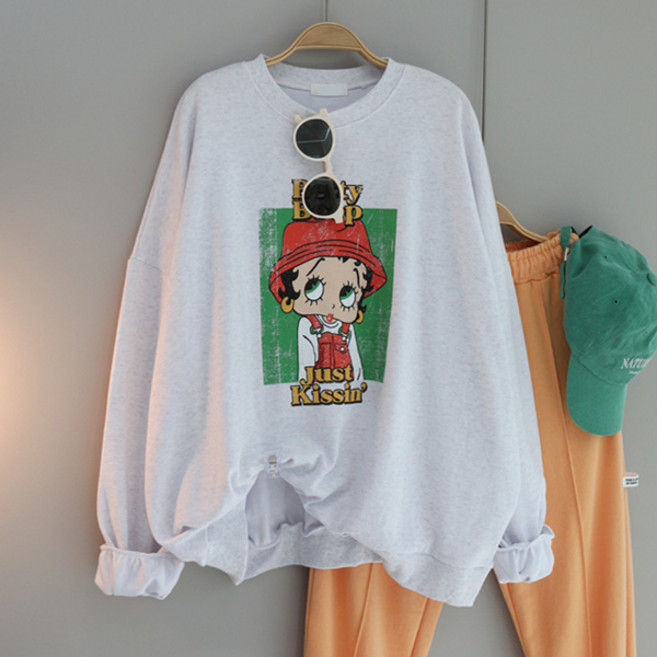 여성용 빅사이즈 오버핏 롱티 라운드 긴팔 맨투맨 데일리룩 체형커버 루즈핏 박스티 프린팅